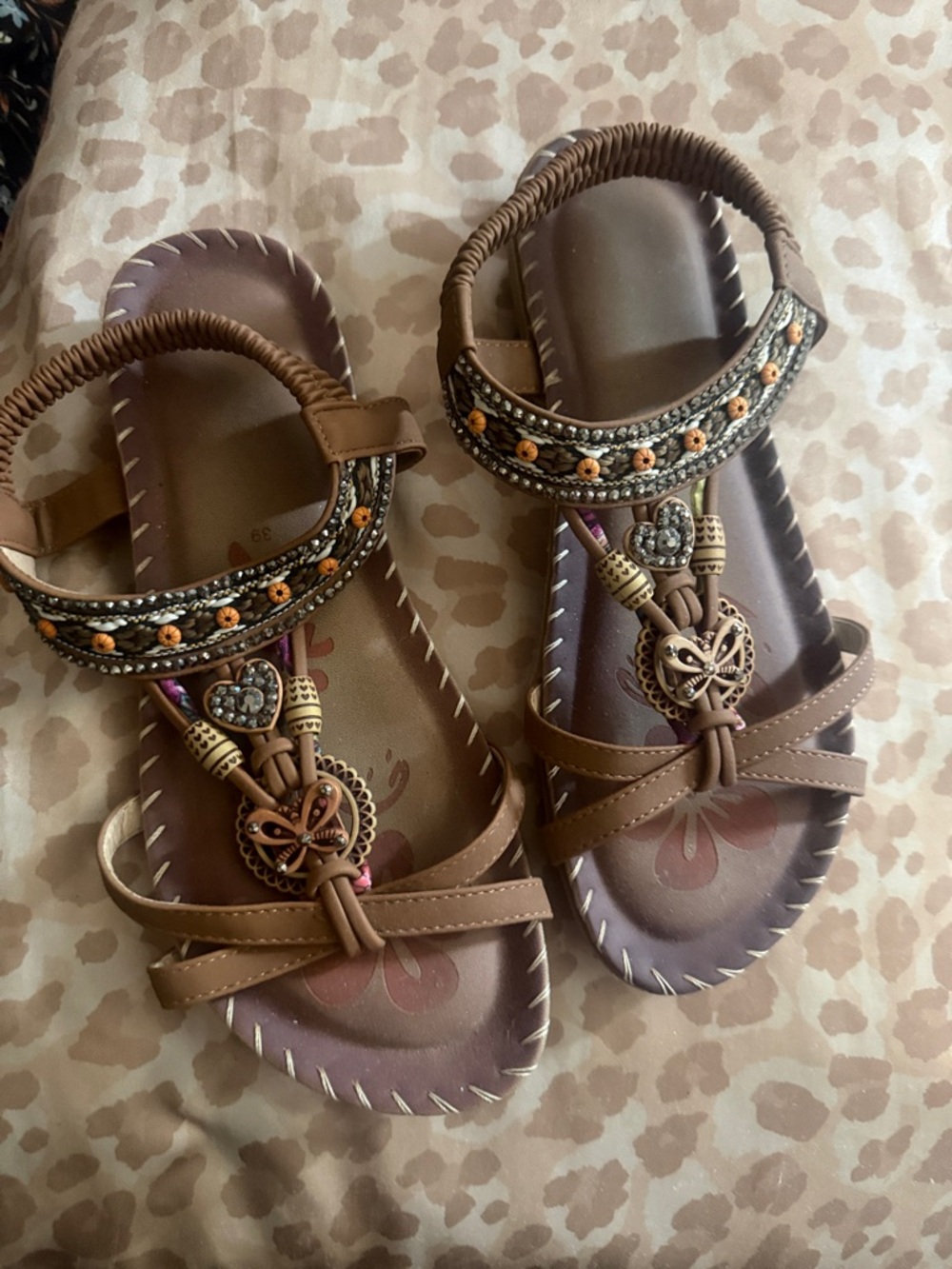 Charming Charlie Brown Beaded T-Strap Embellished Sandals
